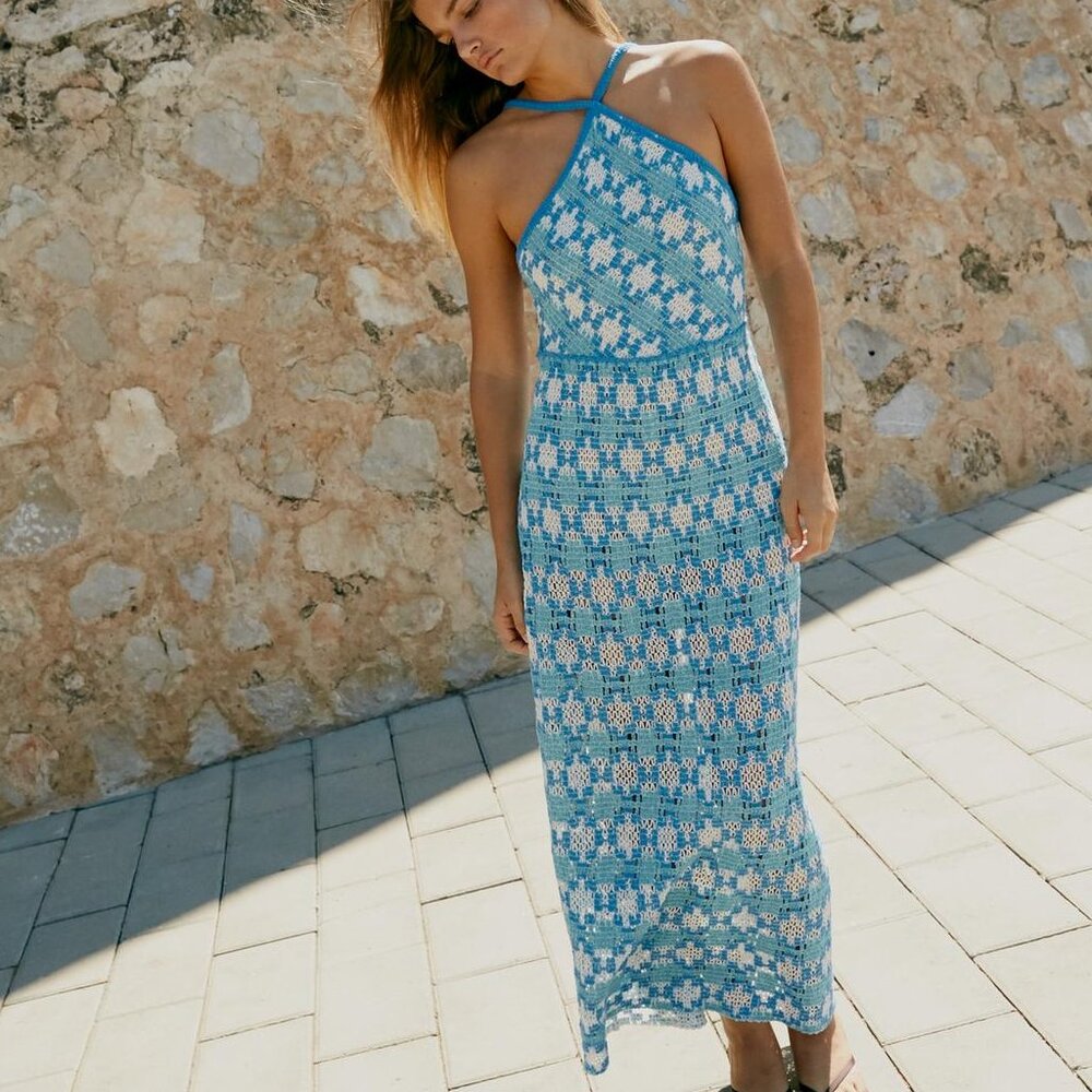 NWT SIZE M KNIT HALTER DRESS BLUE/WHITE 3500/005/044 ZARA BLOGGERS FAVE